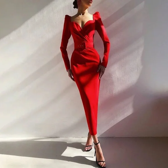 Dresses | Elegant Slim V Neck Long Sleeve Mid Calf Pencil Dress | Poshmark